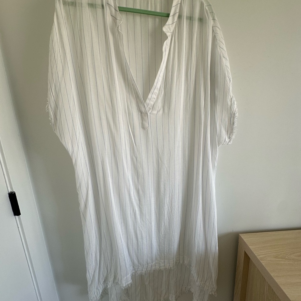 Billabong White High Low Coverup Shirt/dress with Thin Blue Stripes